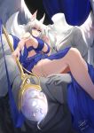  1girl 2020 absurdres animal_ear_fluff animal_ears artist_name azur_lane bare_shoulders blue_dress breasts center_opening cleavage dress evening_gown eyebrows_visible_through_hair eyeliner feet_out_of_frame fox_girl halter_dress headless highres kaga_(azur_lane) kaga_(white-tailed_magnificence)_(azur_lane) kyuubi large_breasts large_tail makeup medium_hair multiple_tails no_panties side_cutout skai_kun solo statue tail white_hair 