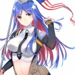  1girl american_flag bangs black_neckwear blue_hair breasts flag folte headgear kantai_collection large_breasts long_hair long_sleeves midriff multicolored_hair navel necktie pocket red_hair simple_background smile solo south_dakota_(kantai_collection) star_(symbol) upper_body vest white_background white_hair 