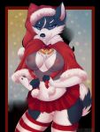  3:4 anthro black_body black_fur black_hair blue_eyes breasts canid canine canis christmas clothed clothing domestic_dog female fluffy fluffy_tail fur genitals hair hat headgear headwear hi_res holidays husky lunarii mammal mifa multicolored_body multicolored_fur multicolored_hair nipples nordic_sled_dog open_mouth open_smile partially_clothed pussy santa_hat simple_background smile solo spitz teeth two_tone_body two_tone_fur two_tone_hair white_body white_fur white_hair 