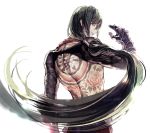  1boy black_hair cowboy_shot fate/grand_order fate_(series) flower_tattoo from_behind gauntlets highres koshika_rina long_hair looking_at_viewer looking_back low_ponytail male_focus ponytail simple_background solo tattoo twitter_username white_background yan_qing_(fate/grand_order) yellow_eyes 