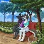  1:1 anthro barefoot bench blue_eyes bottomwear breasts canid canine canis cheek_tuft claws cleavage clothed clothing domestic_dog duo eyes_closed facial_tuft female female/female fur hand_holding hi_res husky mammal midriff multicolored_body multicolored_fur nivarra nordic_sled_dog one_eye_closed outside park shorts sitting smile spitz toe_claws tree tuft two_tone_body two_tone_fur were werecanid werecanine werewolf 
