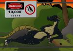  anthro breasts claws dinosaur female genitals gravyfox jurassic_park looking_at_viewer lying lying_on_ground non-mammal_breasts nude on_side outside plant pose pussy reptile rock scalie sign solo solo_focus spinosaurid suchomimus_(species) text theropod tree universal_studios 