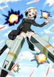  1girl blonde_hair blue_eyes blush breasts cameltoe crotch cyber_(cyber_knight) dog_tail erica_hartmann explosion flying gun highres medium_breasts military military_uniform open_mouth panties rifle shiny shiny_hair shiny_skin short_hair sky solo spread_legs strike_witches striker_unit tail teeth underwear uniform upper_teeth weapon white_panties world_witches_series 