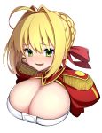  1girl absurdres ahoge bangs blonde_hair braid breasts cleavage eyebrows_visible_through_hair fate/extra fate_(series) french_braid furrowed_eyebrows green_eyes hair_between_eyes hair_bun hair_intakes hair_ribbon highres imuzi large_breasts nero_claudius_(fate) nero_claudius_(fate)_(all) open_mouth red_ribbon ribbon short_hair simple_background smile solo upper_body white_background 