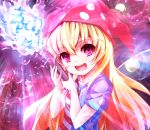  1girl american_flag_dress bangs blonde_hair clownpiece commentary_request fairy_wings fire hat highres jester_cap long_hair looking_at_viewer open_mouth pi_(pnipippi) pink_eyes polka_dot revision short_sleeves smile solo star_(symbol) star_print striped teeth torch touhou upper_body wings 