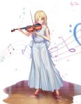  1girl absurdres artist_name bangs bare_arms bare_shoulders beamed_eighth_notes blonde_hair blue_eyes ckui closed_mouth collarbone commentary_request dress eighth_note full_body hair_ornament hairclip highres holding holding_instrument huge_filesize instrument long_dress long_hair looking_at_viewer miyazono_kawori music musical_note playing_instrument quarter_note school_uniform see-through shigatsu_wa_kimi_no_uso sleeveless sleeveless_dress solo standing violin white_dress wooden_floor 