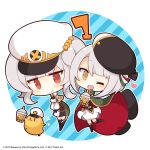  2017 2girls azur_lane beret bird bubble_tea cape chibi chick commentary_request conte_di_cavour_(azur_lane) food giulio_cesare_(azur_lane) grey_hair hat headgear italian_flag manjuu_(azur_lane) military multiple_girls muuran official_art red_eyes short_hair yellow_eyes 