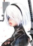  1girl 1other android artist_name asymmetrical_bangs bangs black_dress black_hairband blindfold breasts butcha-u dress hairband highres katana large_breasts lips mole mole_under_mouth nier_(series) nier_automata pod_(nier_automata) robot short_hair signature solo_focus sword thick_lips traditional_media upper_body weapon white_hair yorha_no._2_type_b 
