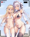  2girls bikini black_bikini black_legwear blonde_hair blue_eyes breasts cowboy_shot detached_sleeves gloves heart heart_tattoo highres kuromori_(1010845110) large_breasts long_hair micro_bikini multiple_girls navel original pubic_tattoo recording side-tie_bikini small_breasts standing string_bikini swimsuit tattoo thighhighs twintails white_bikini white_gloves white_hair white_legwear 