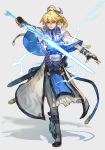  1boy belt blonde_hair blue_eyes english_text fingerless_gloves gloves grey_background guilty_gear guilty_gear_xrd hair_between_eyes hankuri holding holding_sword holding_weapon ky_kiske lightning long_sword looking_at_viewer male_focus ponytail shadow shoes simple_background solo sword weapon 