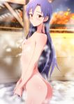  1girl ass autumn blue_hair blurry blurry_background blush breasts closed_mouth collarbone commentary_request completely_nude cowboy_shot depth_of_field from_side idolmaster kisaragi_chihaya long_hair looking_at_viewer looking_to_the_side nipples nude onsen outdoors red_eyes small_breasts smile solo steam straight_hair tengu_(tetuo_kun) very_long_hair 