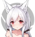  1girl :o alice_mana alice_mana_channel animal_ear_fluff animal_ears bangs bare_shoulders blush collarbone eyebrows_visible_through_hair fox_ears grey_background hair_between_eyes hair_ornament highres long_hair looking_at_viewer nagato-chan parted_lips red_eyes revision solo two-tone_background upper_body virtual_youtuber white_background white_hair 