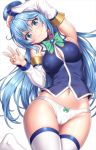  1girl aqua_(konosuba) arm_up armpits bare_shoulders blue_eyes blue_hair blue_shirt blush bow bow_panties breasts cameltoe cleavage closed_mouth commentary_request covered_nipples cowboy_shot detached_sleeves eyebrows_visible_through_hair green_bow green_neckwear groin hair_between_eyes hair_ornament hair_rings kono_subarashii_sekai_ni_shukufuku_wo! lambda_(kusowarota) large_breasts long_hair long_sleeves looking_at_viewer lying medium_breasts navel no_panties on_back panties shirt skindentation smile solo thighhighs uncensored underwear v very_long_hair white_legwear white_panties white_sleeves 