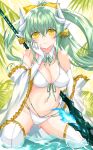  1girl alternate_costume aqua_hair bikini bow breasts detached_collar dragon_girl dragon_horns elbow_gloves fate/grand_order fate_(series) front-tie_bikini front-tie_top gloves gold_trim hair_bow highres horns kiyohime_(fate/grand_order) kiyohime_(swimsuit_lancer)_(fate) large_breasts long_hair morizono_shiki multi-strapped_bikini multiple_horns navel polearm ponytail solo spear swimsuit thighhighs weapon white_gloves white_legwear yellow_eyes 