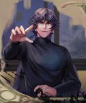  1boy arm_up black_hair black_shirt bokujpjp breasts facing_viewer fingers highres indoors kai_(mukoubuchi) long_sleeves looking_at_viewer male_focus money mukoubuchi open_mouth parted_lips purple_eyes shirt sitting smile solo wavy_hair 
