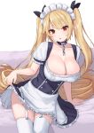  1girl alternate_costume apron azur_lane bangs bed blonde_hair blush breasts cleavage collarbone commentary_request dress enmaided eyebrows_visible_through_hair hair_ribbon large_breasts long_hair looking_at_viewer maid maid_apron maid_dress maid_headdress nelson_(azur_lane) pensuke red_eyes ribbon short_hair solo thighhighs twintails very_long_hair 