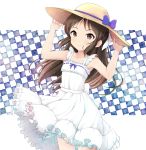  1girl bangs bare_shoulders blue_ribbon blush brown_eyes brown_hair brown_headwear dress hand_on_headwear hat idolmaster idolmaster_cinderella_girls long_hair looking_at_viewer onion_(lemlaml) ribbon smile solo standing straw_hat sun_hat tachibana_arisu white_dress 