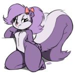  1:1 accessory anthro bedroom_eyes breasts female fifi_la_fume fur hair hair_accessory hair_bow hair_ribbon kneeling looking_at_viewer mammal mephitid narrowed_eyes nipples nude pink_nose purple_body purple_fur purple_hair ribbons seductive simple_background skunk solo thick_thighs tiny_toon_adventures warner_brothers xylas 