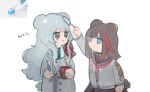 2girls :x animal_ears arknights bangs bear_ears bear_tail black_eyes blue_eyes blue_neckwear brown_hair chibi crying cup english_commentary haqlue highres holding holding_cup holding_toothbrush inset jacket jitome long_hair long_sleeves looking_at_another multicolored_hair multiple_girls neckerchief necktie photo_inset red_hair rosa_(arknights) sailor_collar school_uniform silver_hair simple_background streaked_hair tail toothbrush toothpaste upper_body white_background zima_(arknights) 