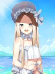  1girl abigail_williams_(fate/grand_order) abigail_williams_(swimsuit_foreigner)_(fate) bangs bare_shoulders beach bikini blonde_hair blue_eyes blue_sky blush bonnet bow braid breasts fate/grand_order fate_(series) forehead hair_bow hair_rings highres long_hair looking_at_viewer miniskirt nonaturednerd ocean open_mouth parted_bangs revision sidelocks skirt sky small_breasts smile swimsuit twin_braids twintails very_long_hair wet white_bikini white_bow white_headwear 