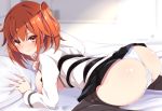  1girl ahoge anus_peek bangs belt black_legwear black_skirt blush breasts breasts_outside chaldea_uniform closed_mouth fate/grand_order fate_(series) fujimaru_ritsuka_(female) hair_ornament hair_scrunchie large_breasts long_sleeves looking_at_viewer lying mutou_kurihito nipples on_bed on_stomach one_side_up open_clothes open_shirt orange_eyes orange_hair panties pantyhose pantyhose_pull pillow scrunchie shirt short_hair skirt thighs underwear white_panties white_shirt 