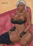  blue_eyes blush breasts couch dark_skin female fingerless_gloves gloves large_breasts long_hair papepox2 sofa solo sweat vanessa_lewis virtua_fighter white_hair 
