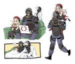  1girl 2boys absurdres beret black_legwear blush carrying closed_eyes coach commentary_request crossover doc_(rainbow_six_siege) dress eating girls_frontline gloves hat helmet highres labcoat long_hair long_sleeves military_operator mp5_(girls_frontline) multiple_boys open_mouth pantyhose pizza_box pizza_slice rainbow_six_siege red_headwear rook_(rainbow_six_siege) sanso_(kasyawamoti) shoulder_carry simple_background sitting sleeping sleeveless sleeveless_dress spoken_zzz walking white_background white_gloves zzz 