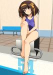  1girl bangs barefoot bench blush breasts brown_eyes brown_hair collarbone commentary_request countdown full_body hairband hands_on_own_thighs haruhisky highres medium_breasts one-piece_swimsuit pool ribbon short_hair sidelocks smile solo suzumiya_haruhi suzumiya_haruhi_no_yuuutsu swimsuit thighs yellow_hairband yellow_ribbon 