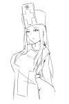  1girl bakkanki bodysuit breasts cross dragon_quest dragon_quest_iii groin hat large_breasts long_hair looking_at_viewer mitre monochrome priest_(dq3) simple_background solo white_background 