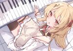  1girl :o absurdres ahoge airenif blonde_hair blush bow bowtie dress frills hair_bow hair_ornament hand_up highres hololive instrument jacket long_hair long_sleeves looking_at_viewer music musical_note musical_note_hair_ornament one_side_up open_clothes open_jacket open_mouth otonose_kanade piano playing_instrument playing_piano red_bow red_bowtie red_eyes shoes sitting solo thigh_strap thighhighs tile_floor tiles virtual_youtuber white_jacket 