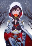  1girl absurdres armor bare_tree brown_hair cape cowboy_shot flower highres looking_at_viewer rose rwby short_hair silver_eyes snow solo summer_rose sytokun tree white_cape white_hood winter 