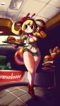  1girl artist_name bangs bee_girl black_eyes blonde_hair blush breasts cleavage collarbone collared_shirt curvy fast_food food hamburger hat headset highres indoors insect_girl jollibee large_breasts long_hair long_sleeves namenloose navel open_clothes original shirt short_shorts shorts smile solo stomach tagme twintails unbuttoned unbuttoned_shirt 