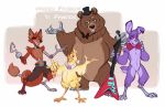  2020 animatronic anthro avian beak belt bib bird bonnie_(fnaf) bottomwear brown_body brown_fur buckteeth canid canine chica_(fnaf) chicken claws clothing earthsong9405 eyebrows feathers female five_nights_at_freddy&#039;s food fox foxy_(fnaf) freddy_(fnaf) fur galliform gallus_(genus) gold_(metal) gold_tooth grey_body group guitar hair hat headgear headwear hi_res hook lagomorph larger_male leporid long_tail looking_at_viewer machine male mammal metal musical_instrument notched_ear open_mouth open_smile orange_body phasianid pizza plucked_string_instrument purple_body purple_fur purple_nose rabbit red_body red_fur ribbons robot shorts size_difference small_tail smaller_female smaller_male smile standing string_instrument teeth toe_claws ursid video_games yellow_body yellow_feathers 