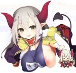  1girl akazawa_red areola_slip areolae bandaid bandaid_on_knee blush breasts curled_horns demon_girl demon_horns demon_tail emma_august epaulettes highres horns jacket jacket_on_shoulders large_breasts looking_at_viewer name_tag nijisanji old_school_swimsuit one-piece_swimsuit red_horns school_swimsuit sideboob single_thighhigh solo striped striped_legwear swimsuit swimsuit_pull tail thighhighs undersized_clothes virtual_youtuber 