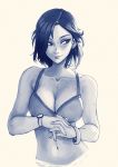  1girl absurdres bra bracelet breasts carlos_eduardo cleavage english_commentary hands_together highres jewelry looking_to_the_side medium_breasts midriff monochrome navel original parted_lips short_hair solo underwear upper_body watch wristwatch 