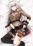  1girl absurdres asymmetrical_legwear belt black_belt black_gloves black_legwear black_skirt blush breasts brown_jacket closed_mouth eyebrows_visible_through_hair flask girls_frontline gloves grey_eyes grey_hair hair_ribbon highres holding_flask holster huge_filesize jacket jewelry long_hair lying medium_breasts muteppona_hito on_back partly_fingerless_gloves ribbon ring shirt silver_hair simple_background skirt smile solo svd_(girls_frontline) thighhighs uniform white_shirt 