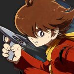  brown_eyes brown_hair cyborg_009 dated grey_background gun hair_over_one_eye holding holding_gun holding_weapon jacket long_sleeves male_focus motion_blur red_jacket shimamura_joe sorges sweatdrop thick_eyebrows upper_body weapon yellow_neckwear 