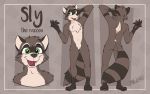  16:10 2020 3_toes 5_fingers absurd_res anthro blakefox character_name fingers fur green_eyes grey_body grey_fur hand_behind_head hi_res male mammal model_sheet pawpads procyonid raccoon red_pawpads red_tongue signature sly_the_raccoon smaller_version_at_source solo toes tongue trash trash_can whiskers widescreen 