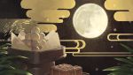  commentary dango egasumi food full_moon highres leaf moon mooncake night night_sky no_humans original riki6 sky star_(sky) starry_sky susuki_grass symbol_commentary tsukimi tsukimi_dango wagashi 