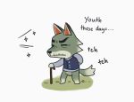 animal_crossing anthro bottomless canid canine canis clothed clothing dialogue dobie_(animal_crossing) english_text eyes_closed hand_behind_back hi_res jacket kurolee97 male mammal mature_male nintendo old simple_background solo text topwear video_games walking_stick white_background wolf wrinkles 