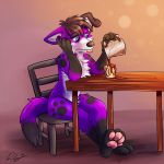  1:1 anthro beverage canid canine canis chair coffee coffee_mug cup desk domestic_dog elkhound fur furniture hi_res male mammal pawalo pawpads paws purple_body purple_fur sitting solo spitz tired tired_eyes tongue waywardmutt 