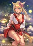  1girl animal_ears aqua_eyes aruma_jiki bangs blonde_hair blurry blurry_background blush breasts cat_ears cat_tail choker cleavage collarbone dress dress_lift earrings facial_mark final_fantasy final_fantasy_xiv flower groin hair_flower hair_ornament jewelry large_breasts long_hair long_sleeves looking_at_viewer miqo&#039;te mole mole_under_eye night no_panties open_mouth slit_pupils soaking_feet solo tail thigh_strap wet wide_sleeves 