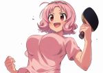  1girl :d ahoge bangs blush breasts clenched_hand commentary_request hairband holding holding_paddle huge_breasts oomune_mune open_mouth paddle pink_hair pink_shirt sayshownen shakunetsu_no_takkyuu_musume shirt short_hair short_sleeves simple_background smile solo sweat table_tennis_paddle upper_body wavy_hair white_background 