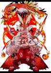  1girl arm_garter baggy_pants bangs blaziken bow collared_shirt commentary crossover damenaito fire fujiwara_no_mokou gen_2_pokemon gen_3_pokemon grin hair_bow ho-oh holding holding_poke_ball legendary_pokemon letterboxed long_hair long_sleeves looking_at_viewer mega_blaziken mega_pokemon ofuda pants poke_ball poke_ball_(basic) poke_ball_symbol pokemon pokemon_(creature) red_eyes red_footwear red_hair red_pants sharp_teeth shirt shoe_bow shoes silver_hair smile standing suspenders teeth touhou trait_connection very_long_hair white_bow white_shirt 