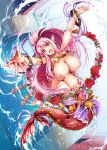  1girl bracelet breasts flower gen_(genetrix) highres jewelry large_breasts looking_at_viewer mermaid midair monster_girl nipples nude open_mouth original outstretched_arms pink_eyes pink_hair pointy_ears ponytail pool ribbon scales upper_teeth water webbed_hands wet wreath 