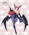  1girl animal_print axe bat_print bat_wings breasts bridal_gauntlets cherche_(fire_emblem) cleavage clothing_cutout collarbone cosplay covered_navel fire_emblem fire_emblem_awakening grin head_wings heart heart_background heart_cutout holding holding_weapon large_breasts leotard long_hair low_wings maid_headdress morrigan_aensland morrigan_aensland_(cosplay) pantyhose pink_hair print_legwear purple_legwear purple_wings red_eyes sinccubi smile solo strapless vampire_(game) weapon wings 