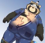  anthro belly belly_rub blush canid canine clothed clothing disembodied_hand embarrassed live-a-hero male mammal obese open_clothing open_shirt open_topwear overweight penta002 penta008 raccoon_dog shirt shoen tanuki topwear 