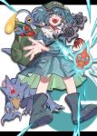  1girl backpack bag bangs blue_eyes blue_footwear blue_hair blue_shirt blue_skirt boots chinchou collared_shirt commentary crossover damenaito electricity flat_cap frilled_shirt_collar frills gen_1_pokemon gen_2_pokemon gen_3_pokemon gen_4_pokemon gen_5_pokemon golduck green_headwear hair_bobbles hair_ornament hat highres holding holding_poke_ball kawashiro_nitori key klink letterboxed looking_at_viewer lotad medium_skirt open_mouth pocket poke_ball poke_ball_(basic) poke_ball_symbol pokemon pokemon_(creature) reaching_out rotom rubber_boots shirt short_hair short_sleeves skirt skirt_set smile standing touhou trait_connection 