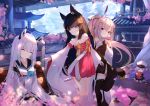 6+girls :3 :d ^_^ ^o^ animal_ears apple architecture arm_up armpits ayanami_(azur_lane) ayanami_(lunar_demon_god)_(azur_lane) azur_lane bare_shoulders black_gloves black_hair black_legwear blurry bow building bunny_ears carrying cat_ears cat_tail cherry_blossoms closed_eyes cloud cloudy_sky collarbone commentary depth_of_field detached_sleeves double_bun dress drill_hair east_asian_architecture fingerless_gloves food fox_ears fruit gloves hair_bow hair_ornament hair_ribbon hairclip hat headgear highres jewelry kawakaze_(azur_lane) lime_(azur_lane) meowfficer_(azur_lane) multiple_girls nagato_(azur_lane) naycot necklace ning_hai_(azur_lane) ning_hai_(moon_palace_rabbit)_(azur_lane) off-shoulder_dress off_shoulder open_mouth peaked_cap petals ping_hai_(azur_lane) ping_hai_(osmanthus_moon_rabbit)_(azur_lane) pink_hair pound_(azur_lane) purple_hair red_dress red_eyes retrofit_(azur_lane) ribbon ribbon-trimmed_sleeves ribbon_trim school_uniform serafuku shade silver_hair sitting size_difference sky skyscraper sleeping smile tail thighhighs twin_drills waving white_hair wide_sleeves wind yellow_eyes zettai_ryouiki 