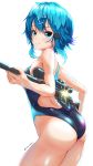  1girl anti-materiel_rifle ass blue_eyes blue_hair blue_swimsuit breasts competition_swimsuit from_behind garter-velvet gun hair_ornament hairclip highres looking_at_viewer looking_back medium_breasts one-piece_swimsuit pgm_hecate_ii rifle shiny shiny_hair shiny_skin short_hair short_hair_with_long_locks simple_background sinon smile sniper_rifle solo standing swimsuit sword_art_online weapon white_background 